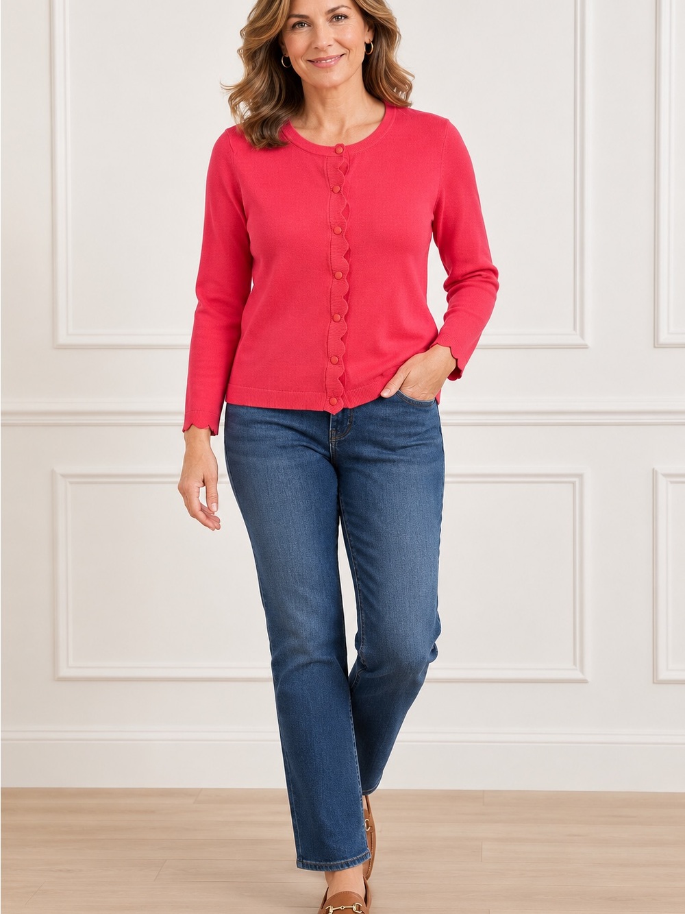 Talbots Womens Small Raspberry Pink Cardigan Sweater Scallop Trim Long Sleeve